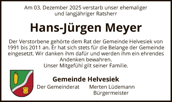 Todesanzeige von Hans-Jürgen Meyer von SYKR