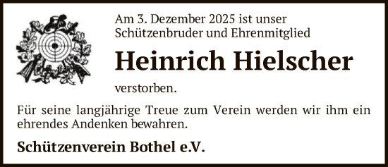 Todesanzeige von Heinrich Hielscher von SYKR