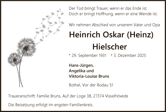 Todesanzeige von Heinrich Oskar Hielscher von SYKR