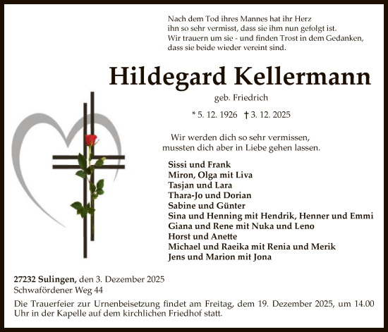Todesanzeige von Hildegard Kellermann von SYKS
