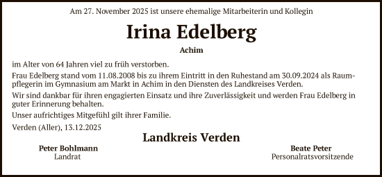 Todesanzeige von Irina Edelberg von SYKS