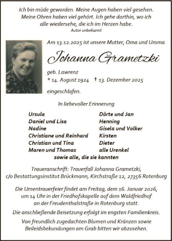 Todesanzeige von Johanna Grametzki von SYKR