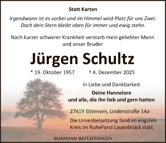 Todesanzeige von Jürgen Schultz von SYKR