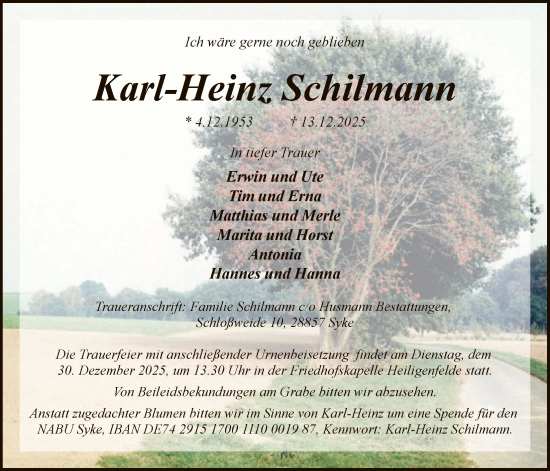 Todesanzeige von Karl-Heinz Schilmann von SYKS