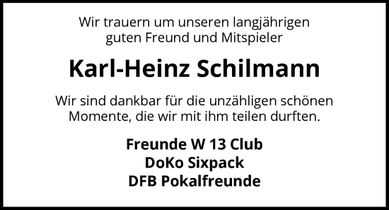 Todesanzeige von Karl-Heinz Schilmann von SYKS