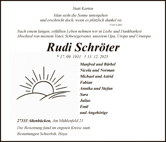 Todesanzeige von Rudi Schröter von SYKS