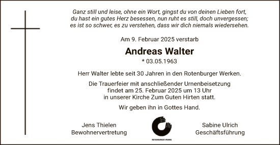 Todesanzeige von Andreas Walter von SYK