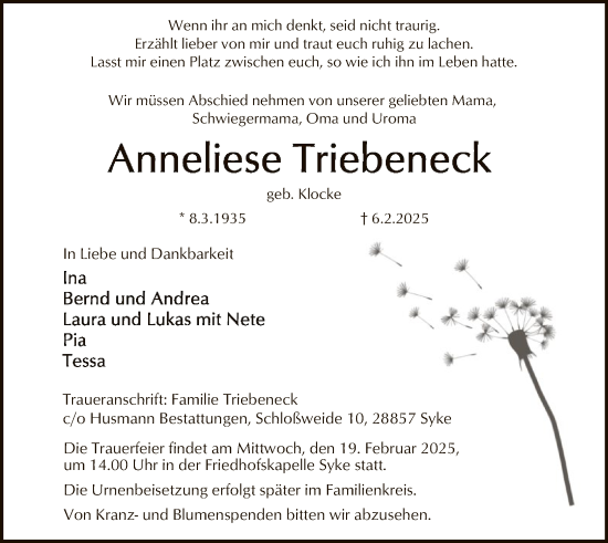 Todesanzeige von Anneliese Triebeneck von SYK