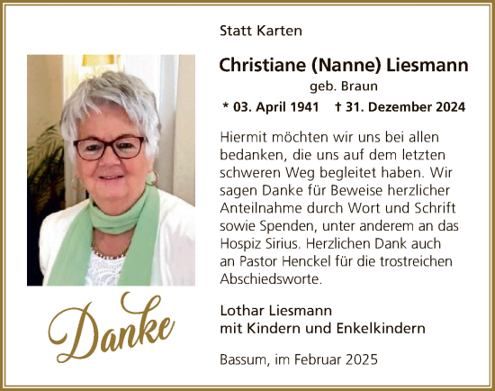 Todesanzeige von Christiane Liesmann von SYK