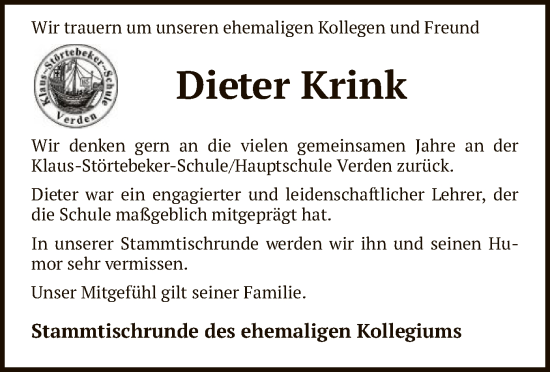 Todesanzeige von Dieter Krink von SYK