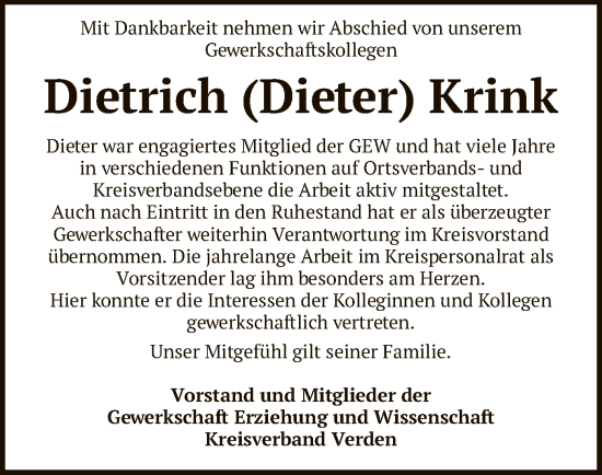 Todesanzeige von Dietrich  Krink von SYK