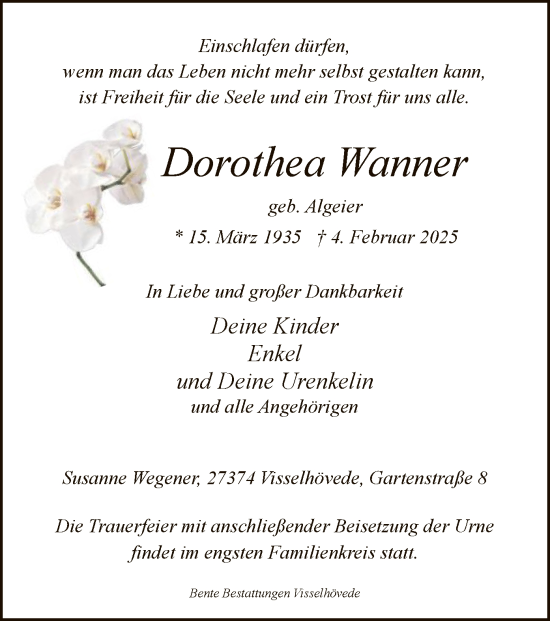 Todesanzeige von Dorothea Wanner von SYK