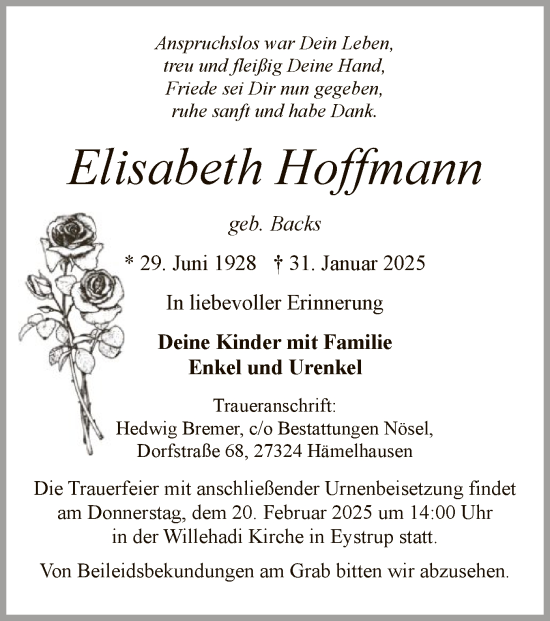 Todesanzeige von Elisabeth Hoffmann von SYK