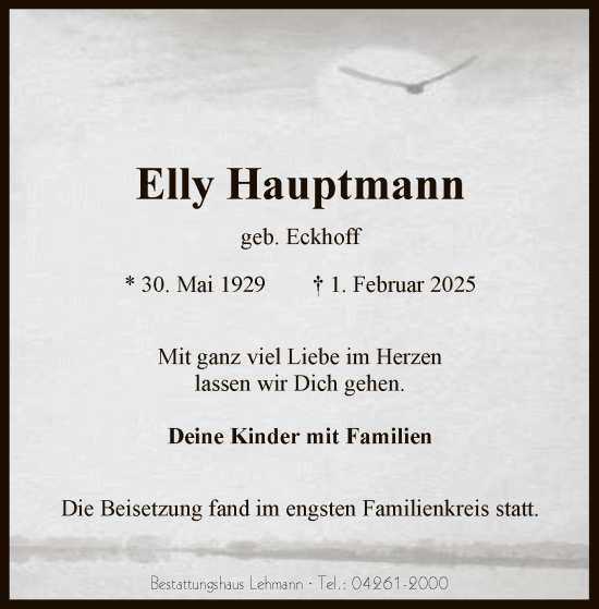 Todesanzeige von Elly Hauptmann von SYK