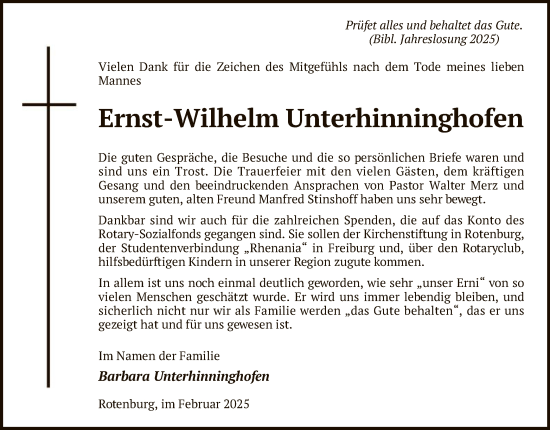 Todesanzeige von Ernst-Wilhelm Unterhinninghofen von SYK