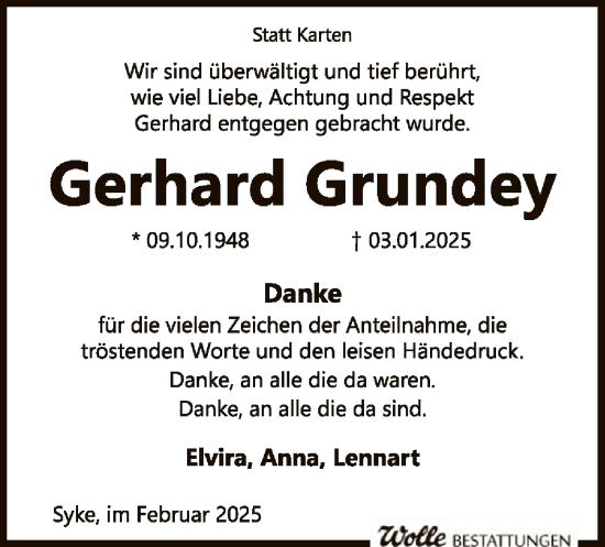 Todesanzeige von Gerhard Grundey von SYK