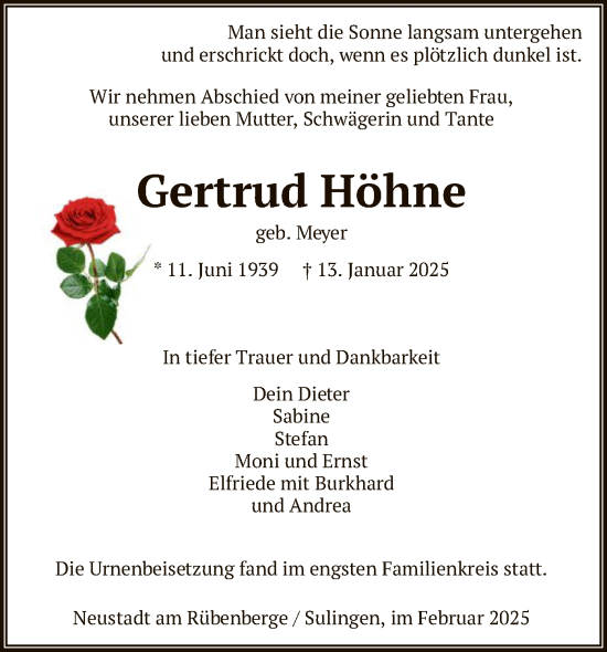 Todesanzeige von Gertrud Höhne von SYK