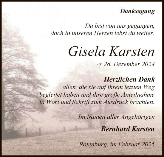 Todesanzeige von Gisela Karsten von SYK