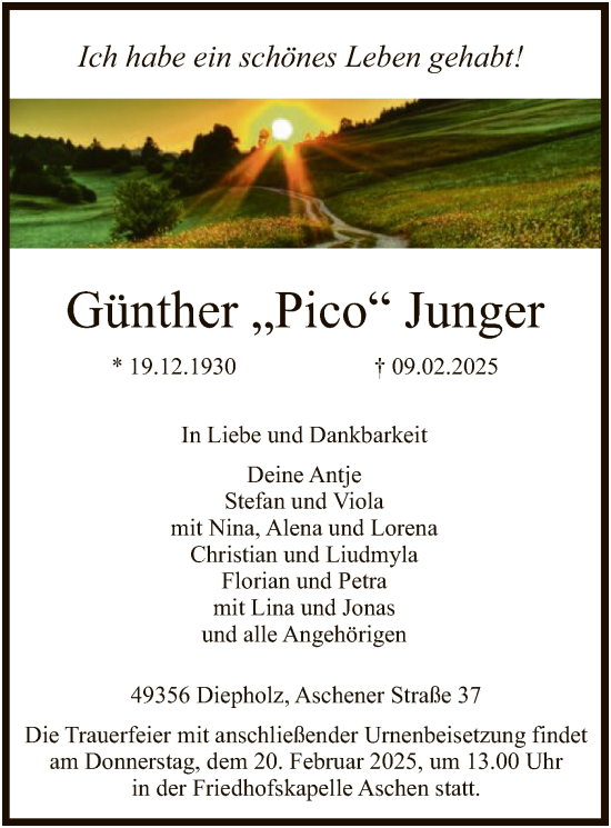 Todesanzeige von Günther Junger von SYK