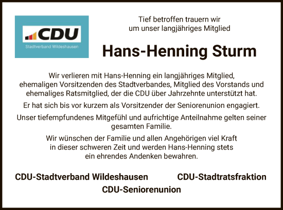 Todesanzeige von Hans-Henning Sturm von SYK