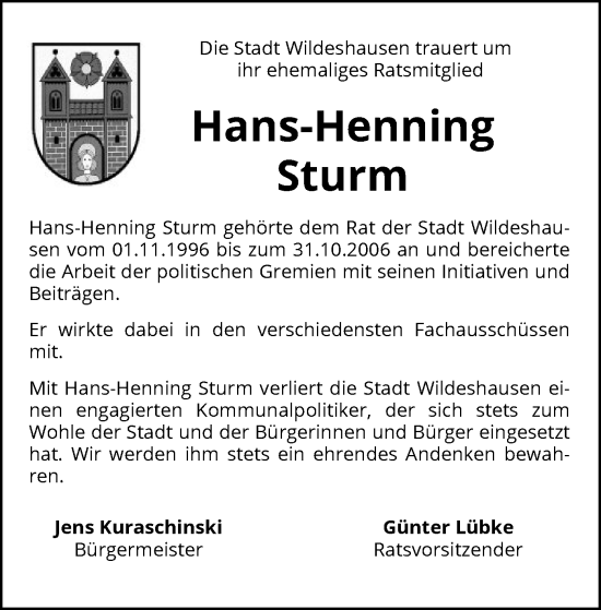 Todesanzeige von Hans-Henning Sturm von SYK