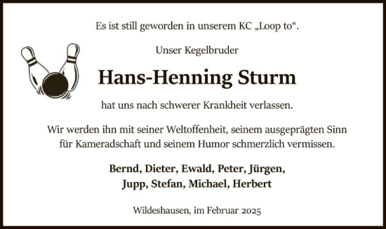 Todesanzeige von Hans-Henning Sturm von SYK