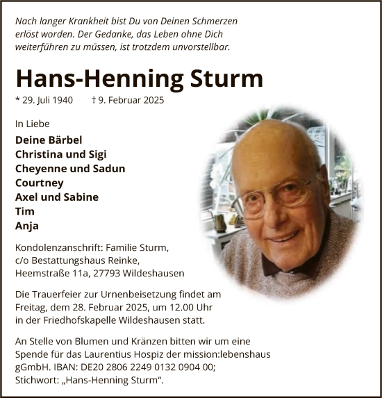 Todesanzeige von Hans-Henning Sturm von SYK