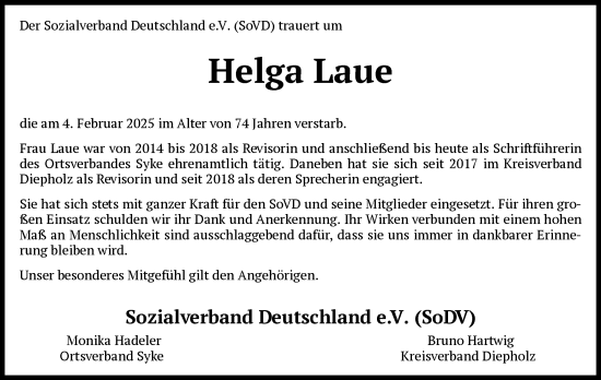 Todesanzeige von Helga Laue von SYK