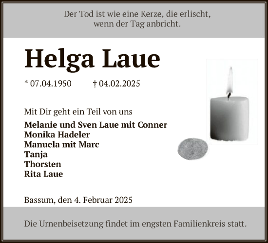 Todesanzeige von Helga Laue von SYK