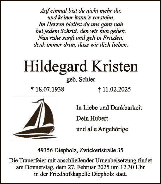 Todesanzeige von Hildegard Kristen von SYK