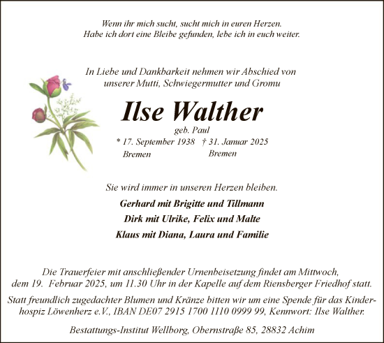 Todesanzeige von Ilse Walther von SYK