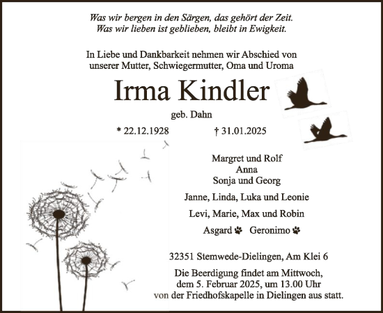 Todesanzeige von Irma Kindler von SYK