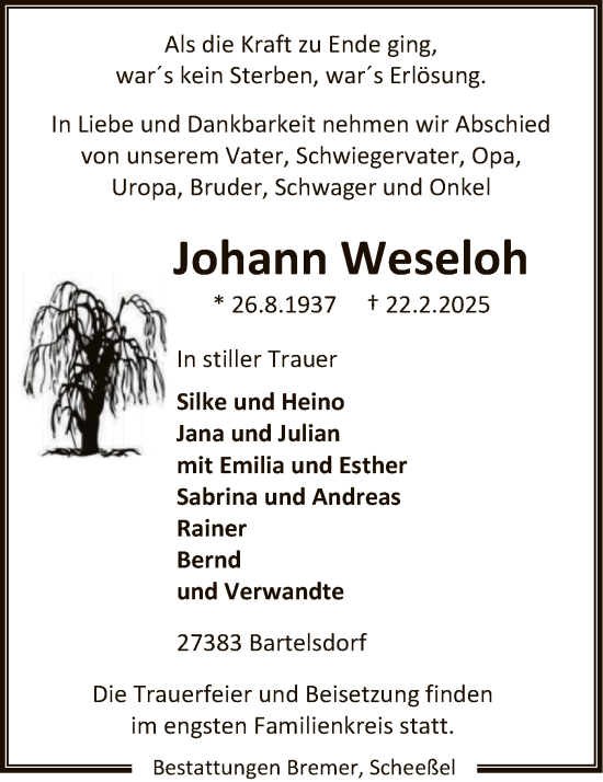 Todesanzeige von Johann Weseloh von SYK