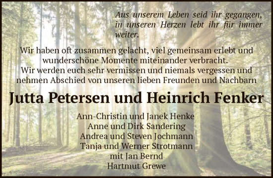 Todesanzeige von Jutta und Heinrich  Petersen und Fenker von SYK