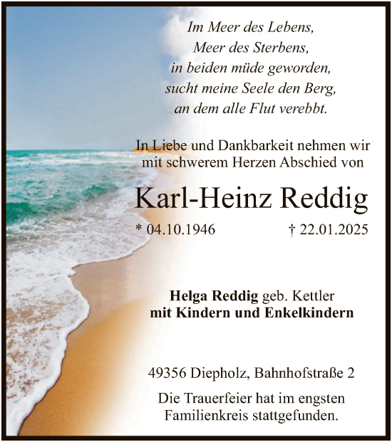Todesanzeige von Karl-Heinz Reddig von SYK