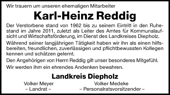 Todesanzeige von Karl-Heinz Reddig von SYK
