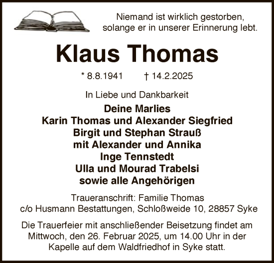 Todesanzeige von Klaus Thomas von SYK