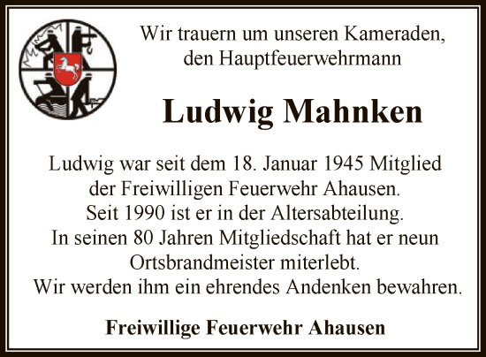 Todesanzeige von Ludwig Mahnken von SYK