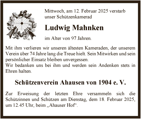 Todesanzeige von Ludwig Mahnken von SYK