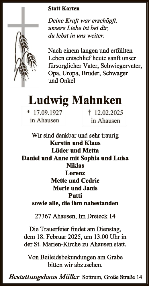 Todesanzeige von Ludwig Mahnken von SYK