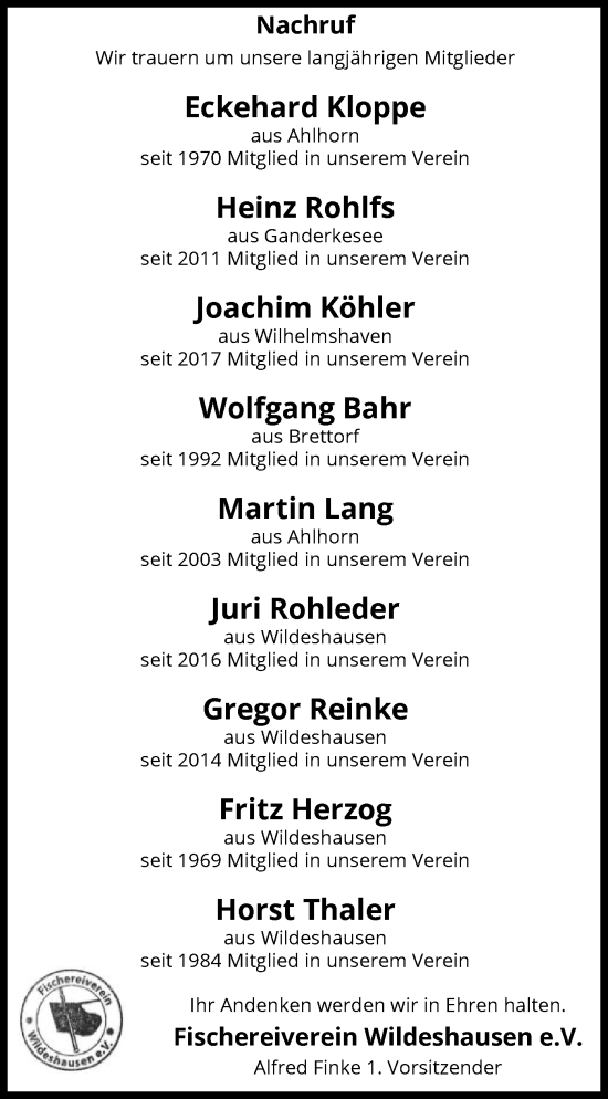 Todesanzeige von Nachruf Fischereiverein Wildeshausen e.V. von SYK