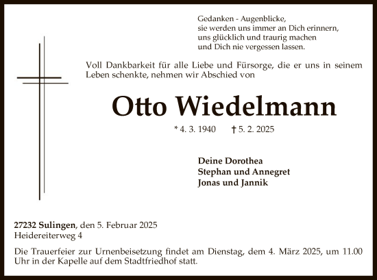 Todesanzeige von Otto Wiedelmann von SYK