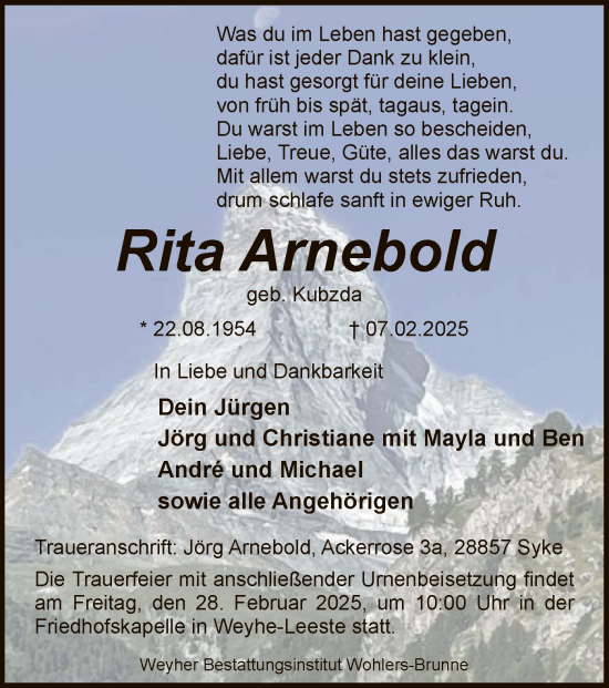 Todesanzeige von Rita Arnebold von SYK