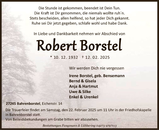Todesanzeige von Robert Borstel von SYK