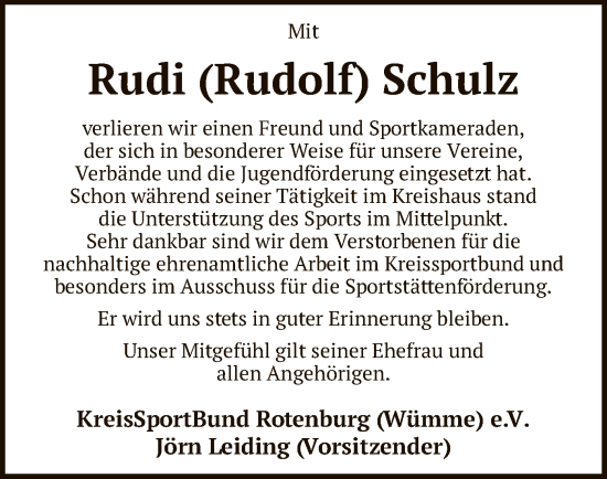 Todesanzeige von Rudi Schulz von SYK