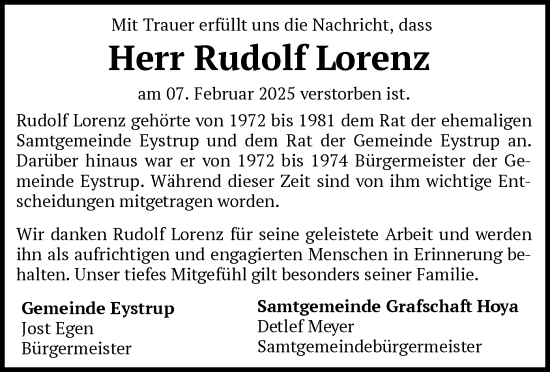 Todesanzeige von Rudolf Lorenz von SYK