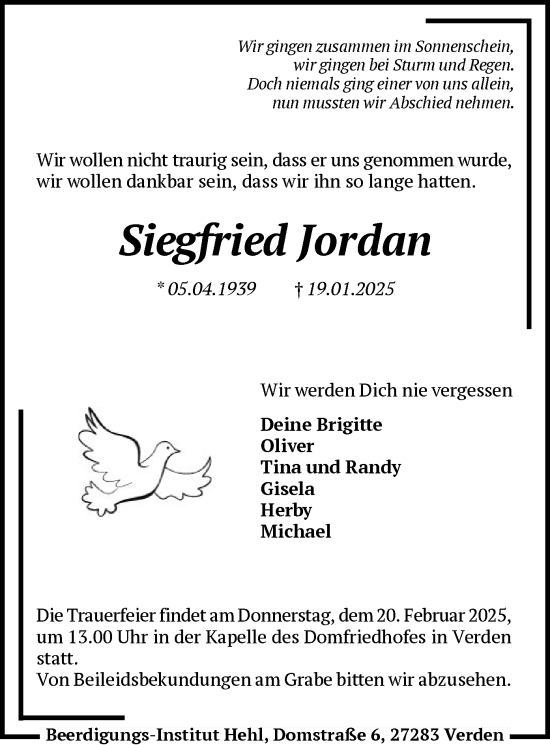 Todesanzeige von Siegfried Jordan von SYK