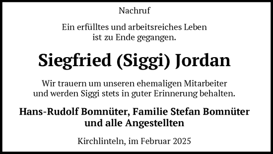 Todesanzeige von Siegfried Jordan von SYK