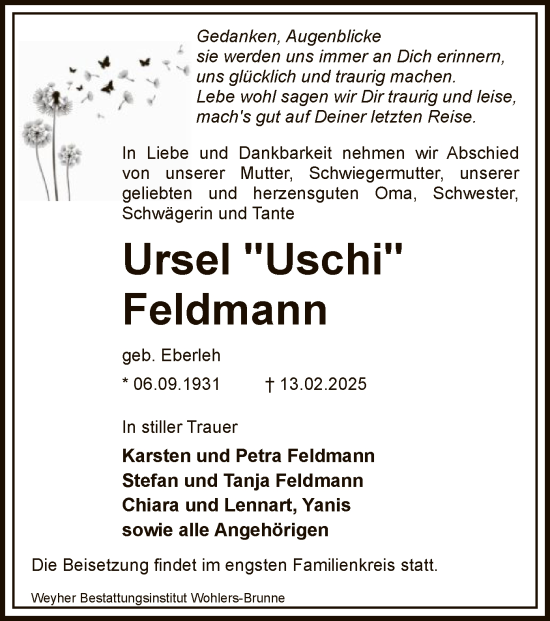 Todesanzeige von Ursel Feldmann von SYK