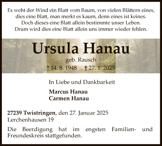 Todesanzeige von Ursula Hanau von SYK